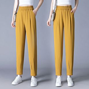 休闲哈伦裤女士2023新款夏天显瘦透气时尚妈妈裤大码小裤脚直筒裤