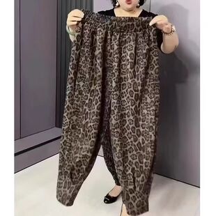 胖mm女裤 灯笼裤 子夏季 松紧腰宽松新款 洋气休闲豹纹哈伦裤 欧货大码