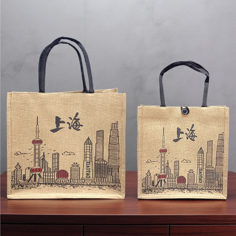 上海旅游城市纪念品麻布袋建筑物个性创意环保礼品时尚休闲购物袋