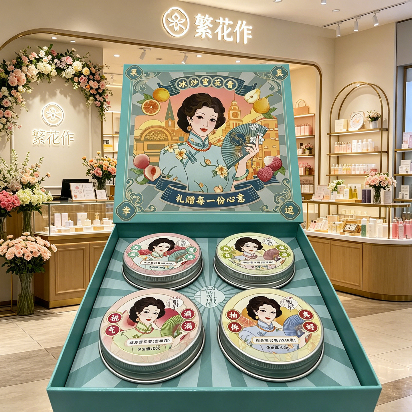 繁花作冰沙雪花膏面霜大夏季清爽保湿补水 4款果香礼盒装天然润肤