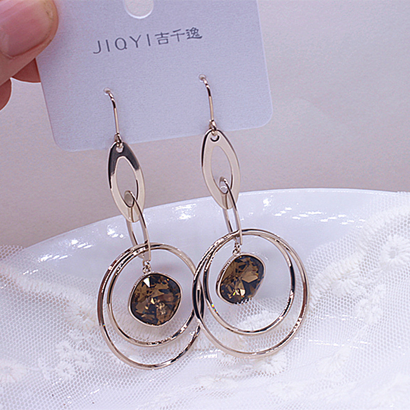 高级感几何香槟色水晶耳环女韩国气质长款镶钻网红圈圈耳饰新款潮