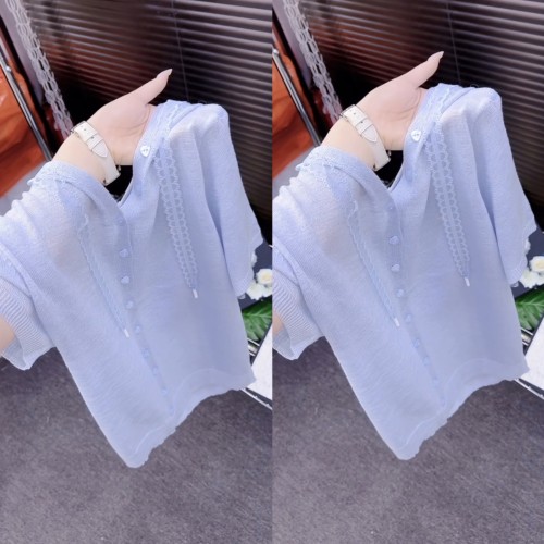 韩版连帽蕾丝拼接凉感冰丝针织衫