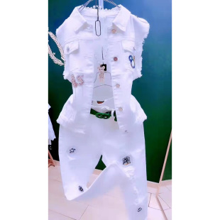 重工烫钻美女无袖坎肩马甲时尚潮流小脚牛仔裤套装欧洲站春款洋气