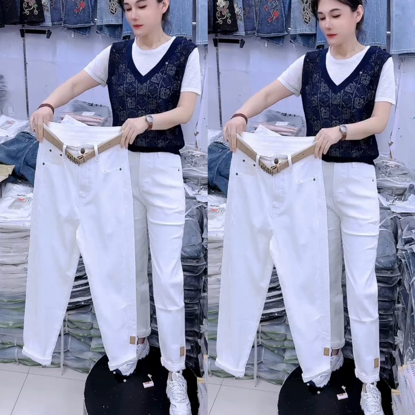 白色老爹裤女哈伦裤弹力牛仔裤