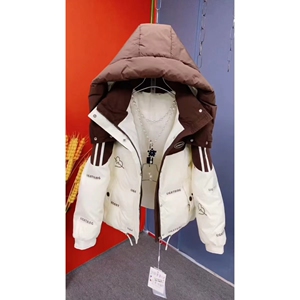 冬季新款连帽羽绒服女高品质撞色拼接字母保暖棉服2024年时尚外套