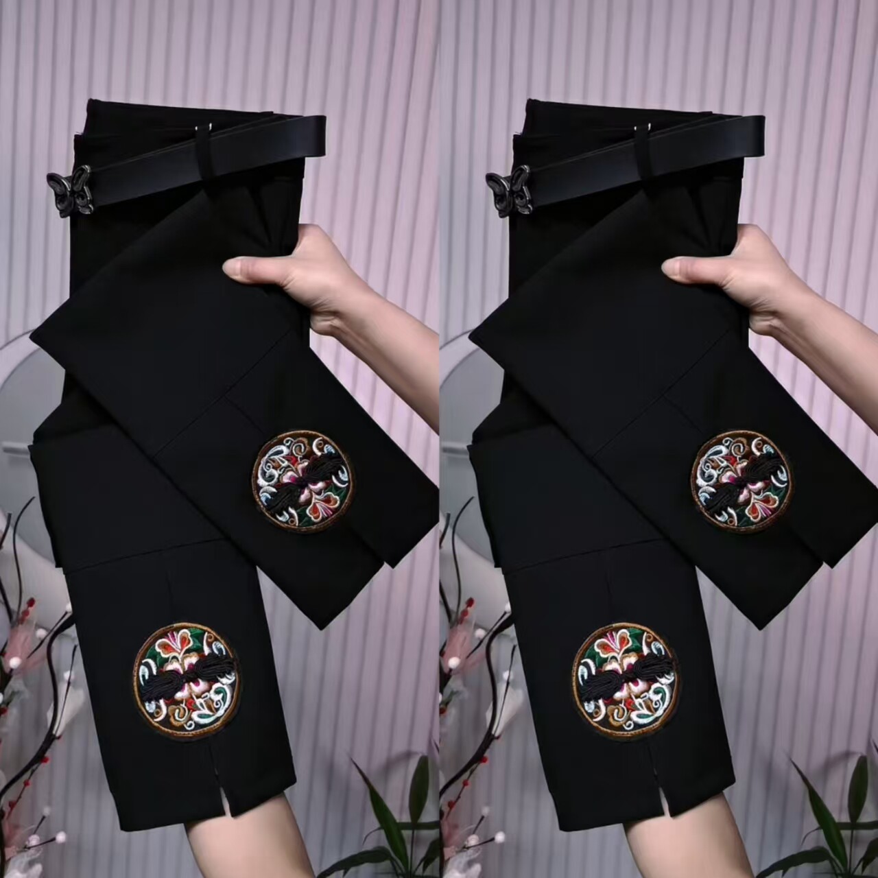黑色高腰显瘦刺绣八分烟管小西裤