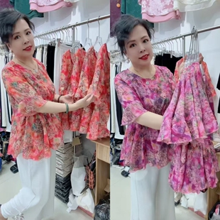 碎花雪纺衫女夏季宽松显瘦喇叭袖半袖荷叶边百搭减龄收腰上衣2026