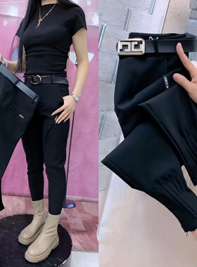 黑色高腰显瘦束脚工装裤女九分