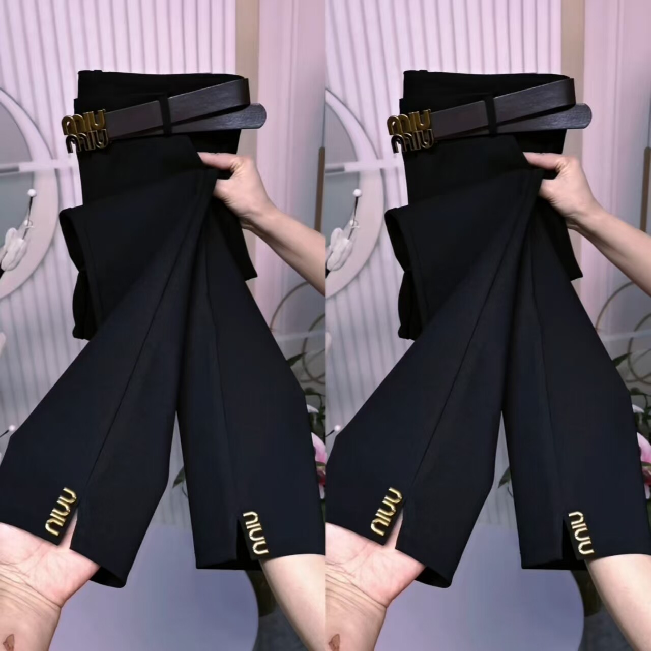 黑色高腰显瘦九分直筒裤女弹力