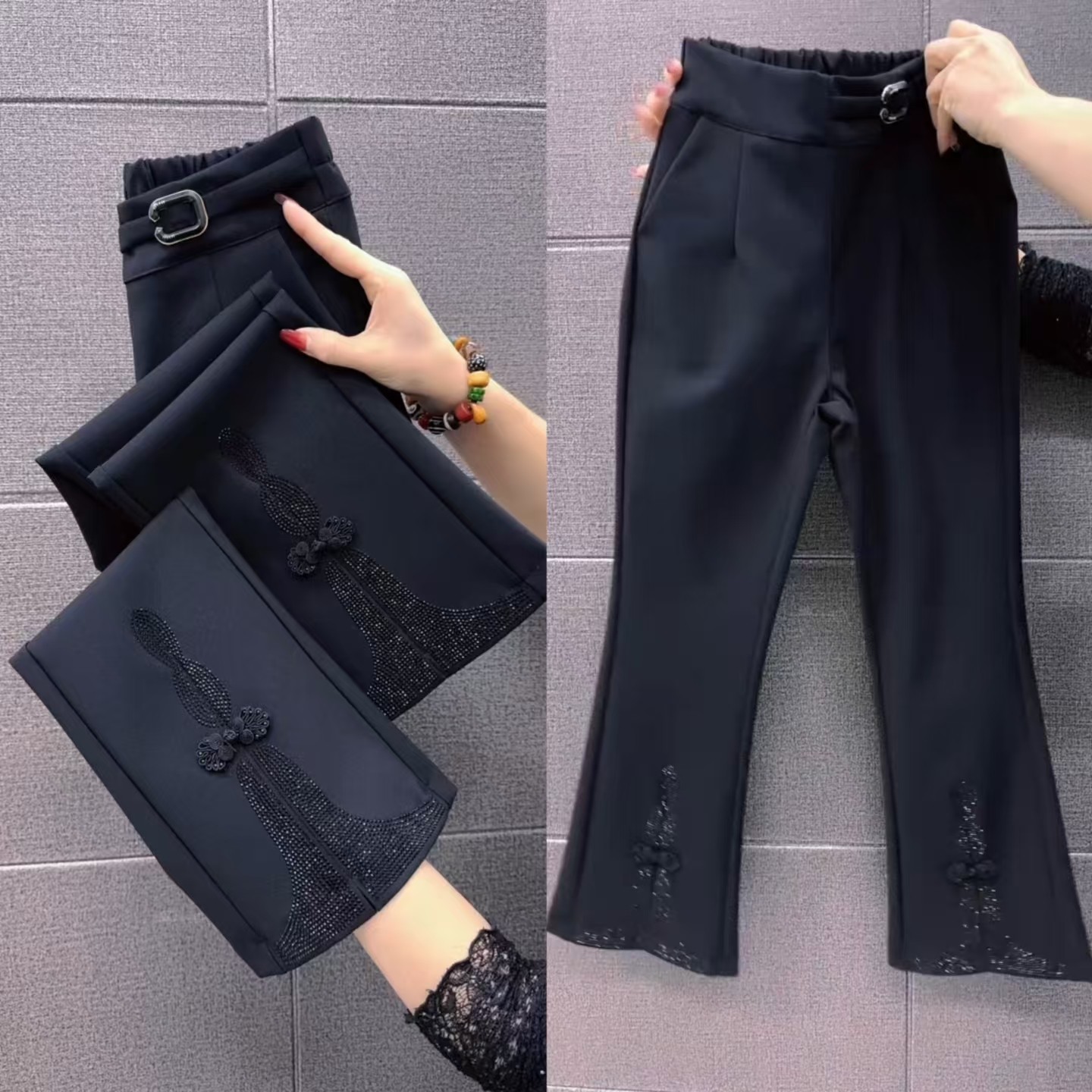 松紧腰显瘦九分微喇裤重工烫钻裤脚盘扣设计时装裤百搭弹力喇叭裤,女装/女士精品,休闲裤,淘宝优惠券,粉丝福利购,淘宝优惠卷