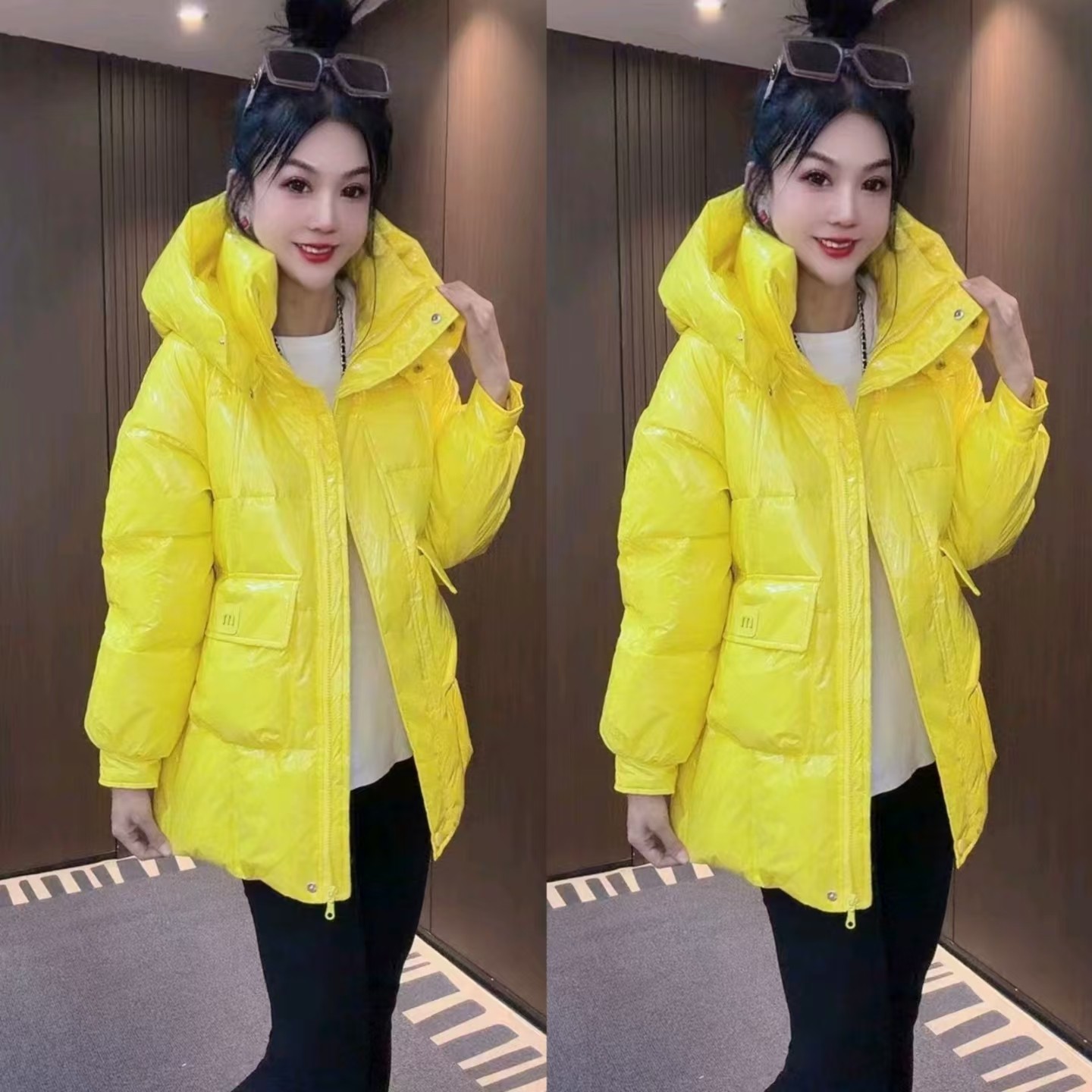新款中长款亮面棉服女连帽宽松