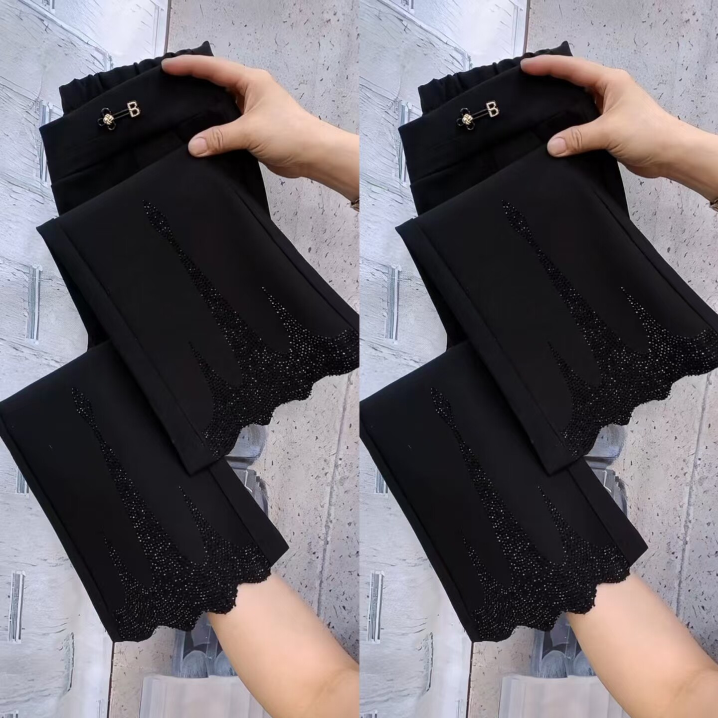高腰烫钻九分微喇西装裤显瘦女款
