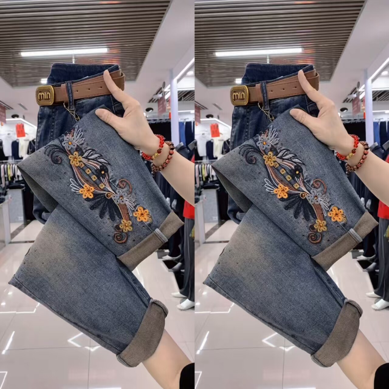 弹力高腰显瘦刺绣牛仔老爹裤女