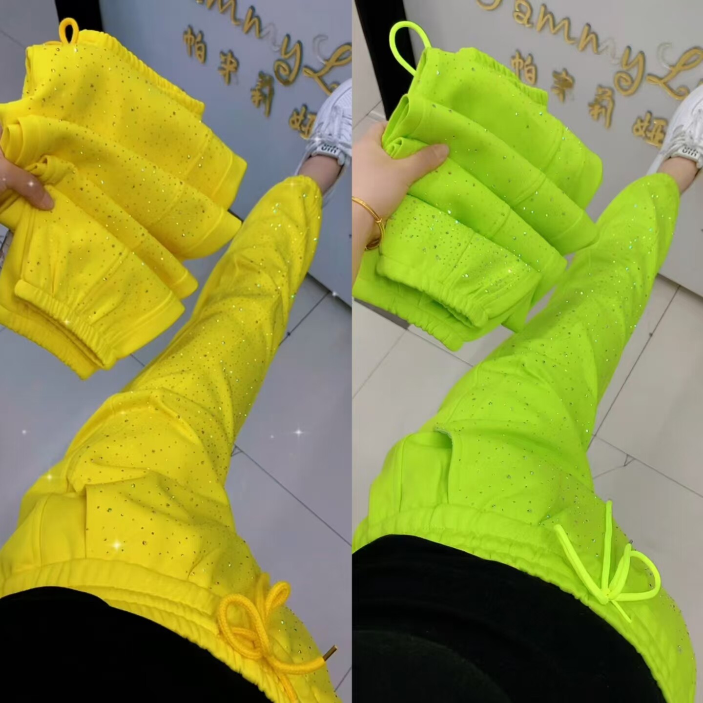 品质糖果色卫裤女重工烫钻宽松松紧腰休闲裤2026年春季新款女裤潮