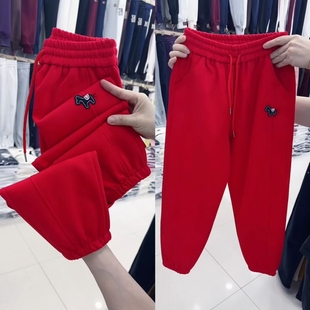 运动裤 2026年新款 潮 女松紧腰品质九分束脚休闲裤 新年红色小马卫裤