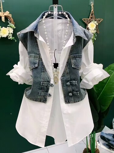 春夏衬衫外套牛仔拼接上衣衬衣