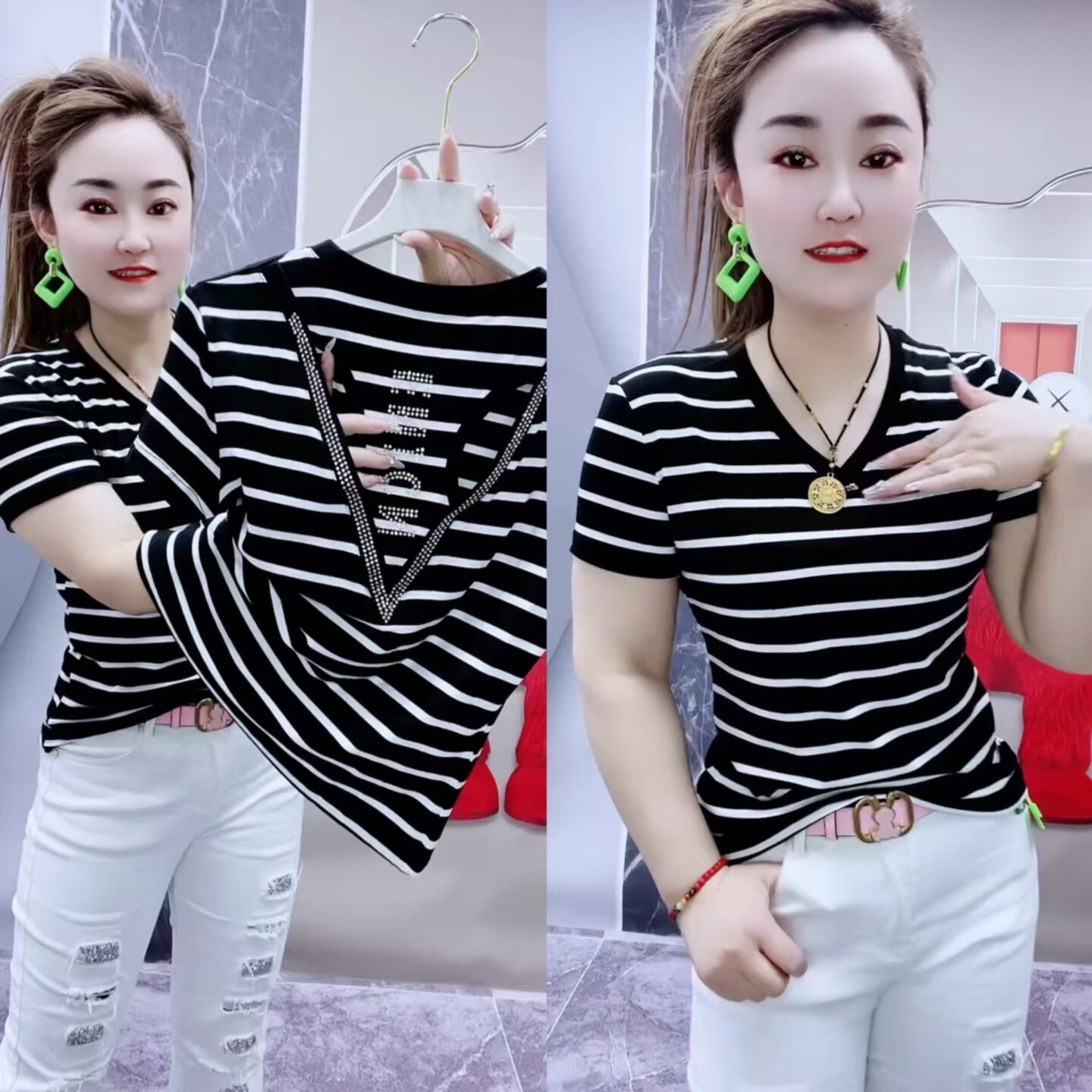 条纹显瘦V领短袖美背修身T恤