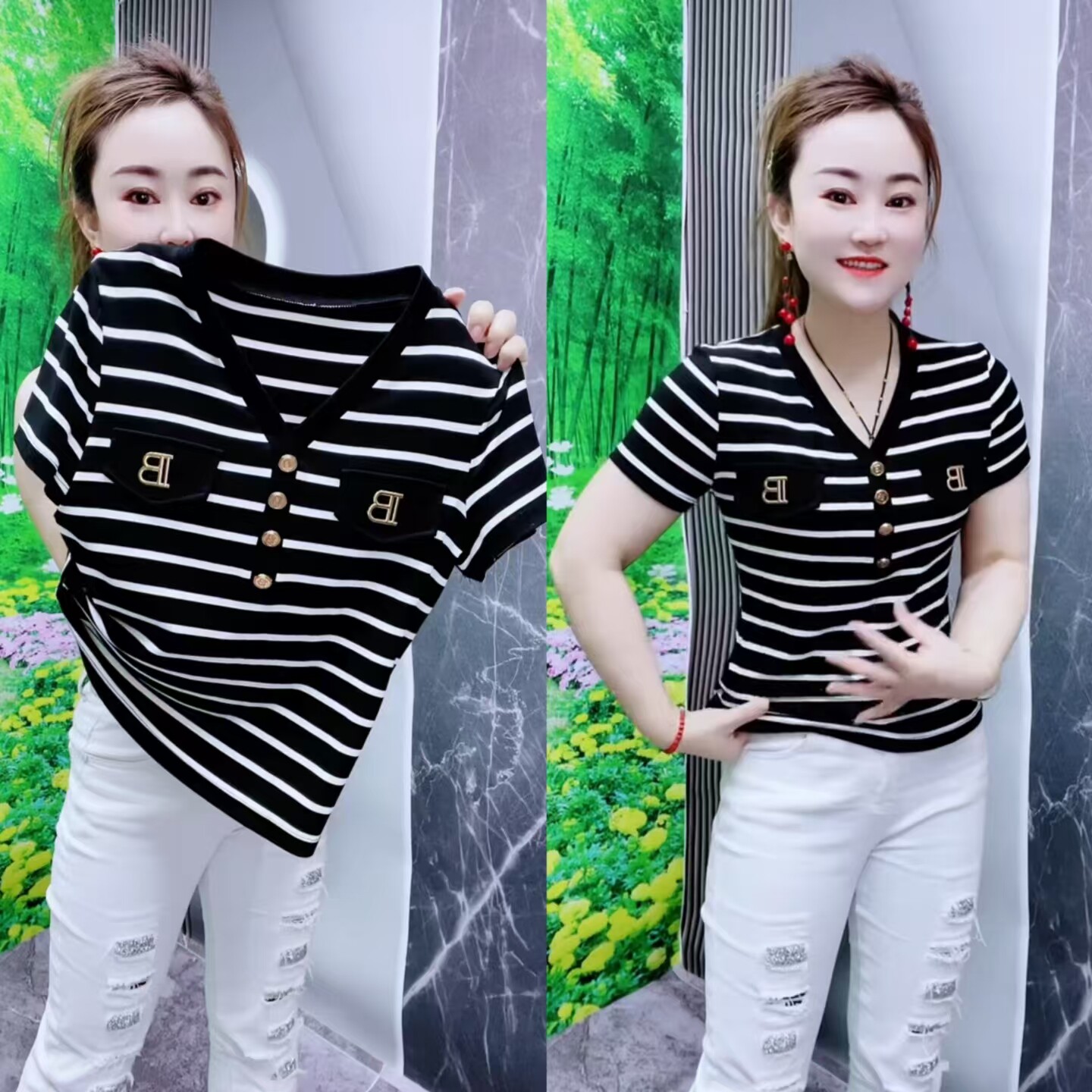 休闲V领条纹短袖修身显瘦女T恤