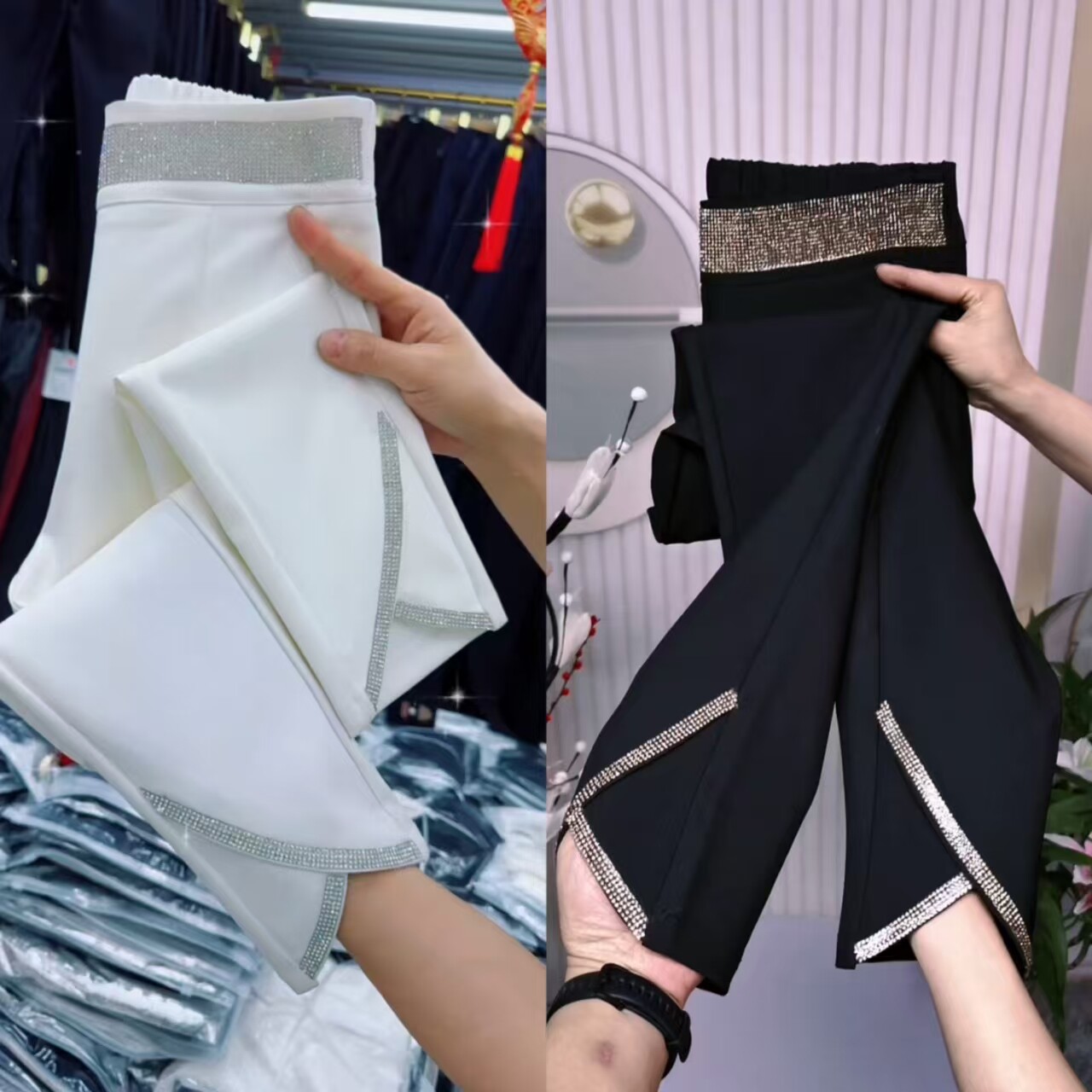 弹力高腰显瘦烫钻小脚九分西裤