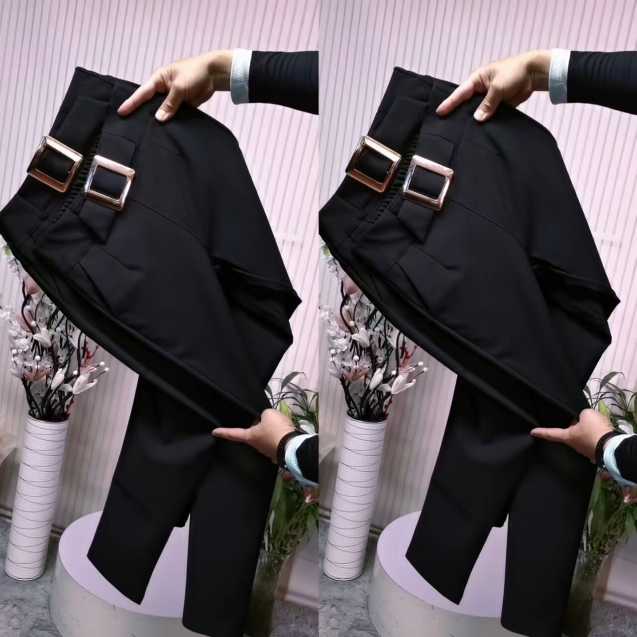 黑色高腰显瘦四面弹力九分小西裤