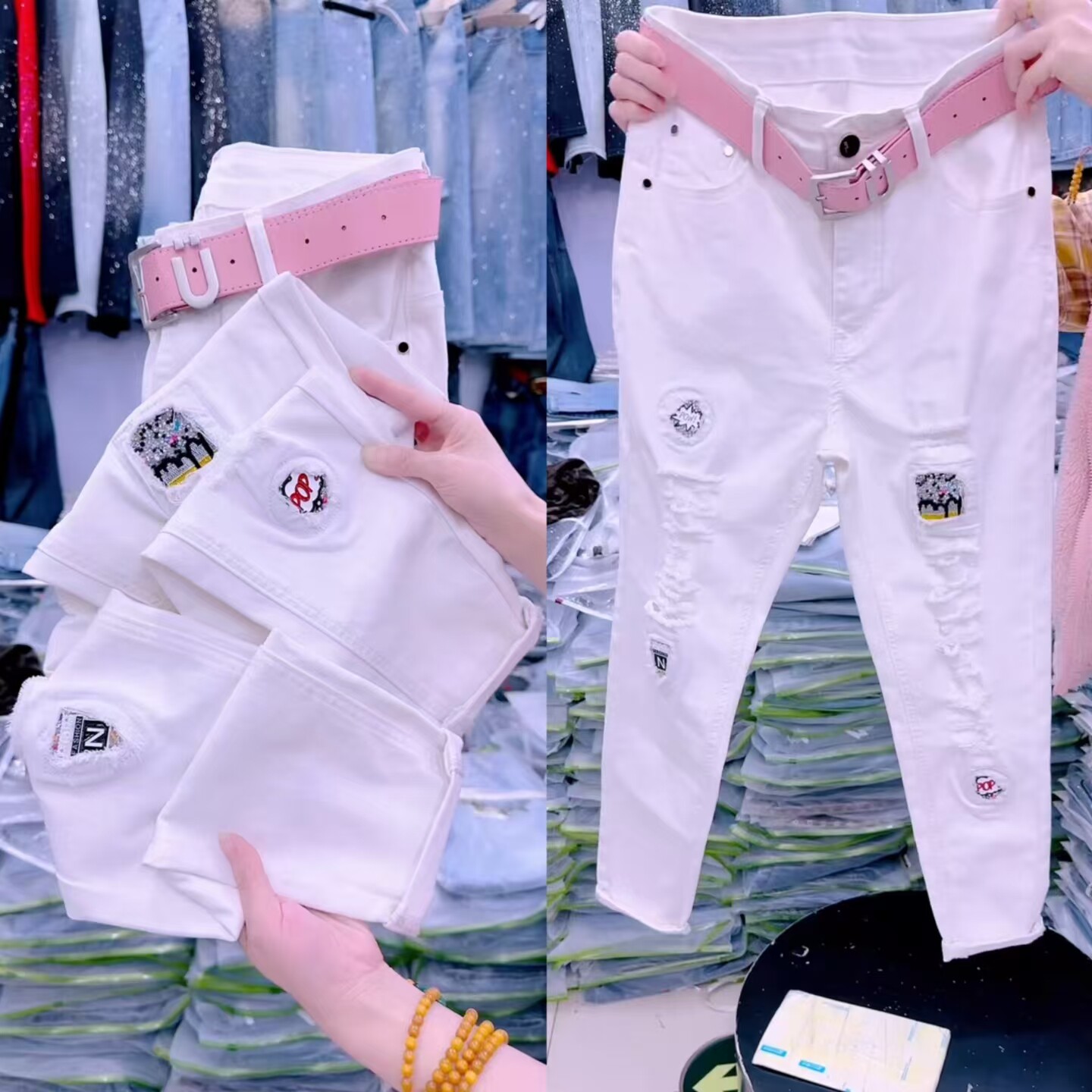 白色破洞牛仔裤女高腰修身小脚裤品质九分贴布洋气显瘦休闲裤女士