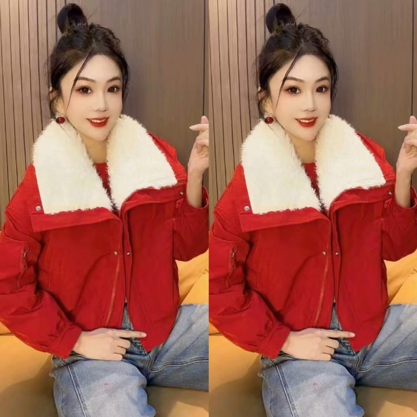 短款洋气二棉外套女撞色毛毛领小个子宽松保暖棉服糖果色减龄上衣