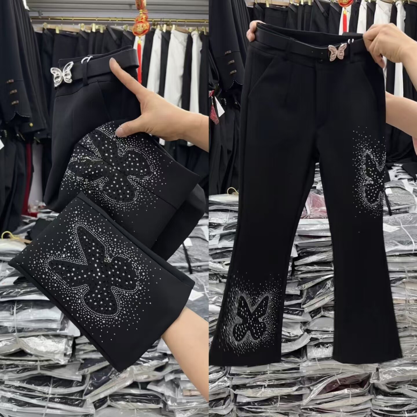 重工烫钻高腰显瘦微喇女九分裤