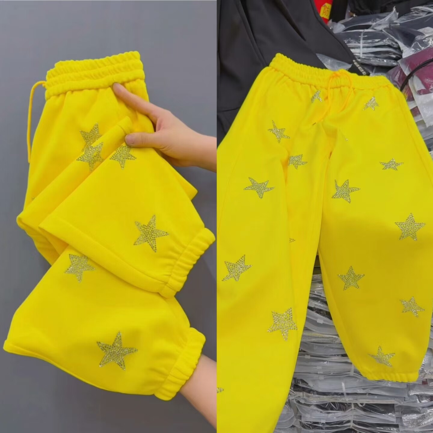 糖果色重工烫钻五星休闲裤女松紧腰宽松显瘦百搭运动裤品质九分裤