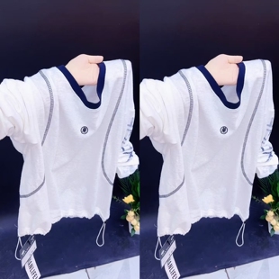 韩版休闲风圆领长袖T恤衫女底边抽绳设计撞色打底衫2026年上衣