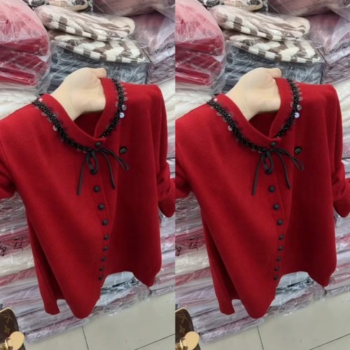 新年红亮片钉珠圆领针织开衫女