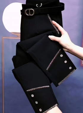 高品质南韩弹力小西裤重工烫钻边显瘦百搭小黑裤2025年秋季时装裤