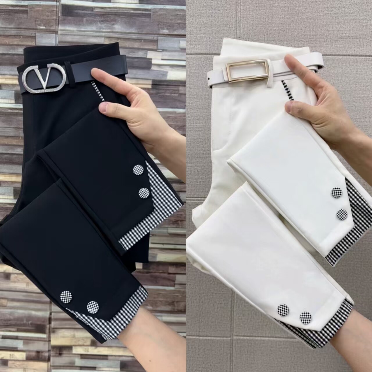 高腰显瘦弹力格子拼接小西裤女