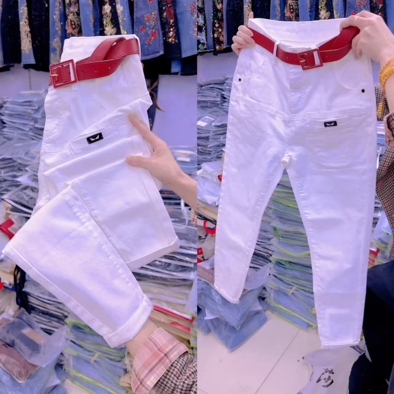 白色高腰显瘦小脚牛仔九分裤女