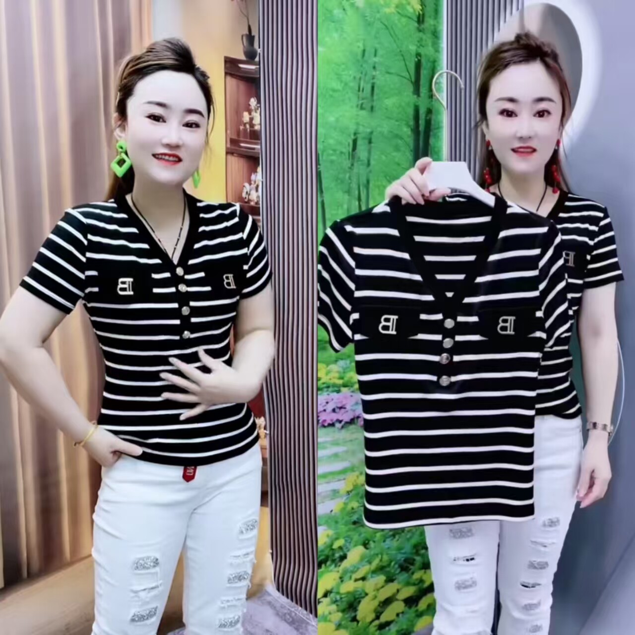 夏季V领条纹修身显瘦短袖T恤女