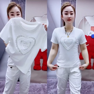 白色爱心烫钻短袖 圆领品质菲菲边T恤女甜美百搭显瘦洋气上衣半袖