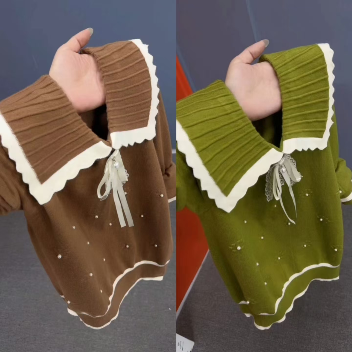 短款娃娃领钉珠针织衫