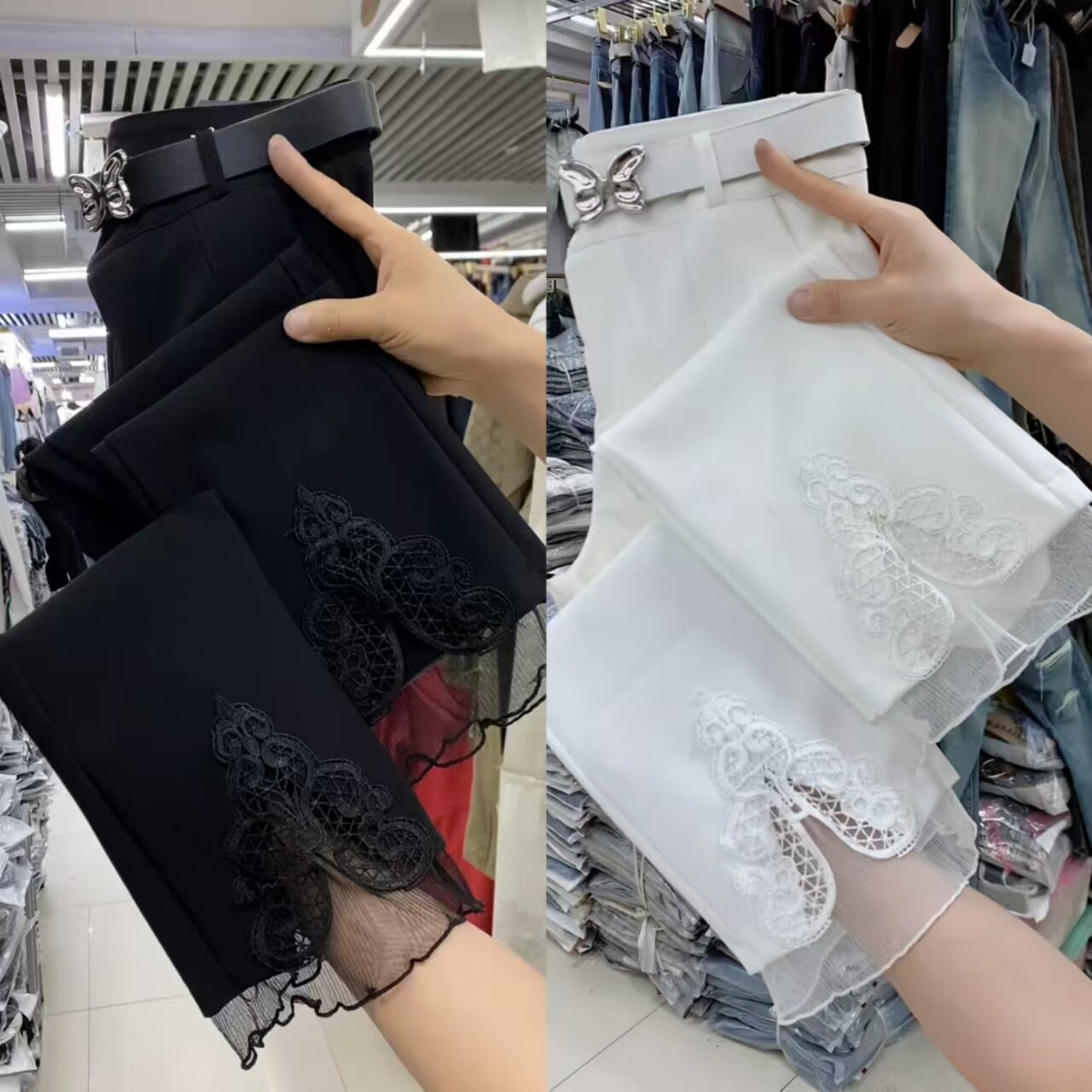 高腰弹力蕾丝拼接显瘦九分微喇裤