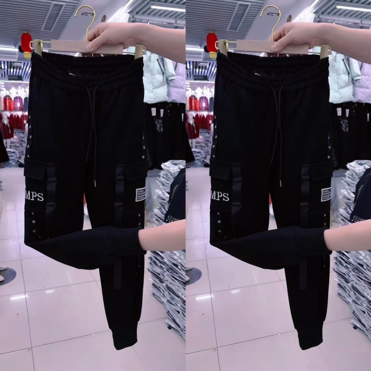 黑色显瘦高腰束脚工装裤女九分