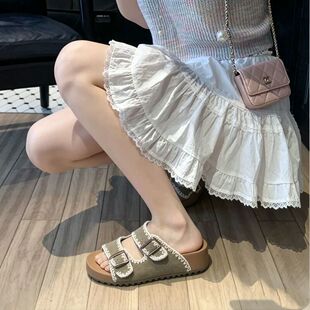 夏季新款牛皮吐司勃肯凉鞋厚底女跨境外贸真皮二杠搭扣花边沙滩拖