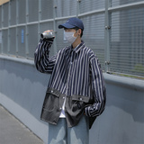 秋装男装条纹拼接做旧长袖衬衫C208P45藏青，男装衬衫，电商C323