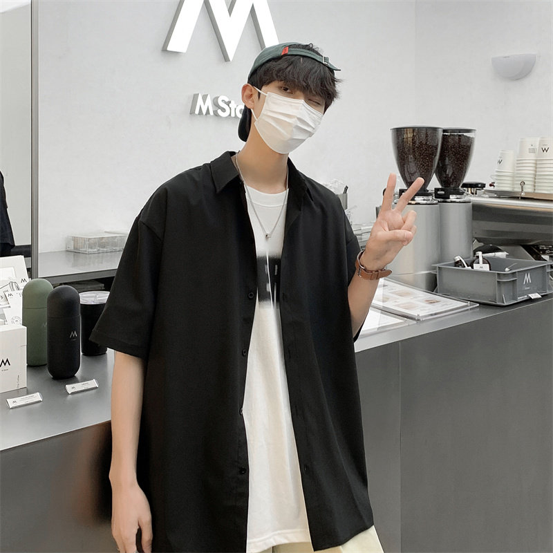2025夏装黑色痞帅短袖燕尾衬衫男小众宽松冰丝衬衣C303P30白,男装T恤,电商C323