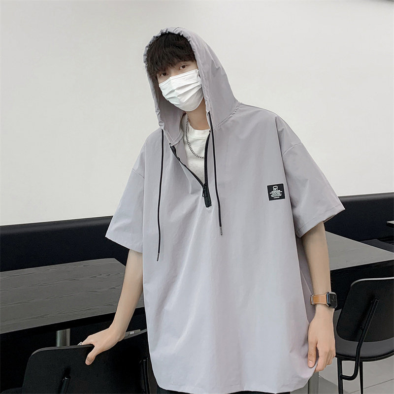 2025夏装连帽短袖宽松衬衫男防晒衬衣C302P45灰合,男装防晒衣,电商C323
