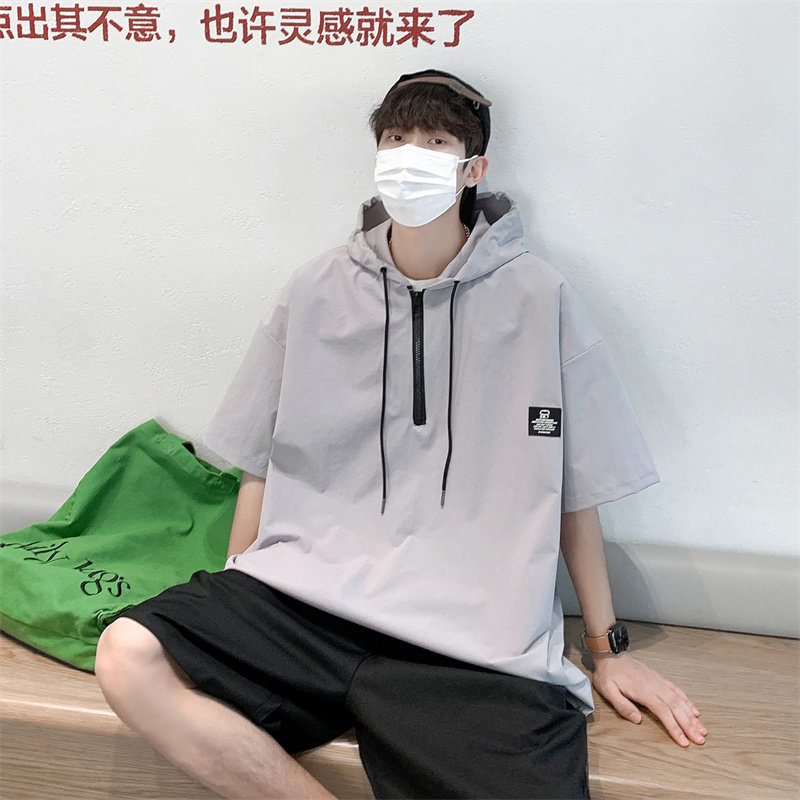 夏装连帽短袖宽松衬衫男防晒衬衣C302P45灰1,男装防晒衣,电商C323