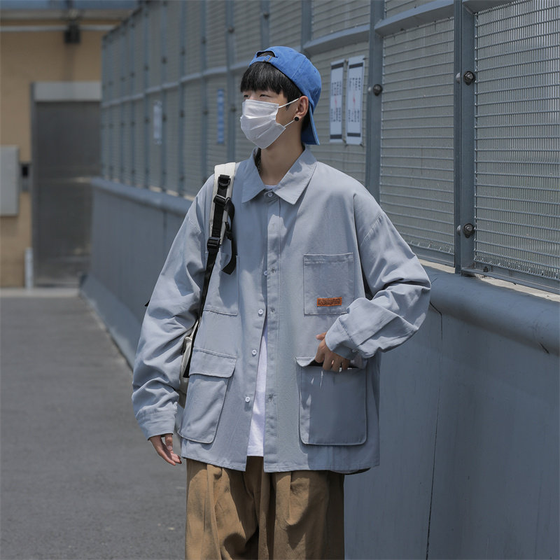 2025秋装纯棉衬衫男装工装长袖衬衣C307P55灰，男装衬衫，电商C323