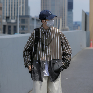 春季做旧长袖衬衫男条纹宽松休闲衬衣多口袋 C208P45图片