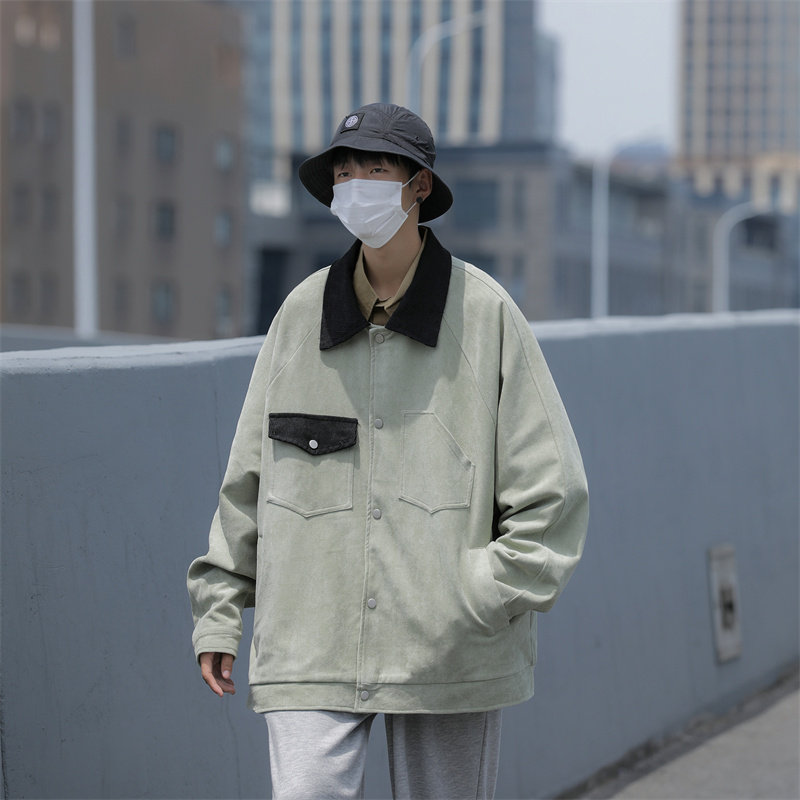 春装鹿皮绒休闲夹克男翻领撞色工装外套 JK86P85图片