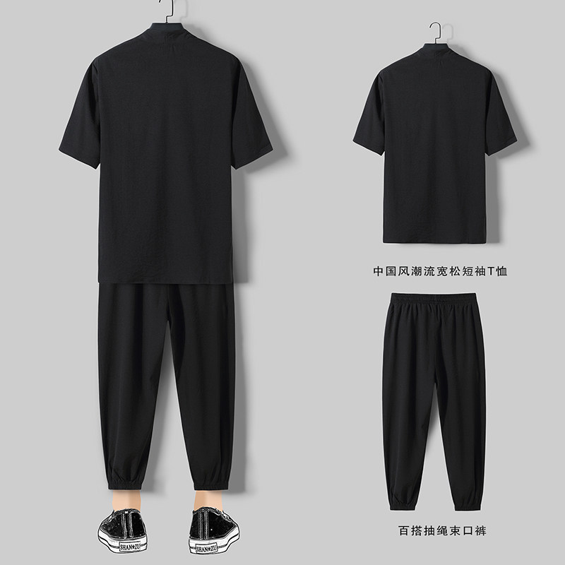 2022风盘扣短袖t恤九分裤冰丝套装男大码休闲套装TZ19P65,男装T恤,电商C323