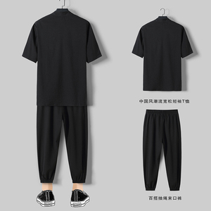 2022风盘扣短袖t恤九分裤冰丝套装男大码休闲套装 TZ19P65图片