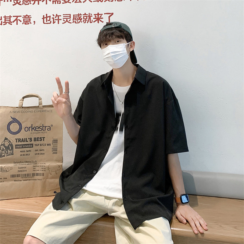 2025夏装黑色痞帅短袖燕尾衬衫男小众宽松冰丝衬衣C303P30黑,男装T恤,电商C323