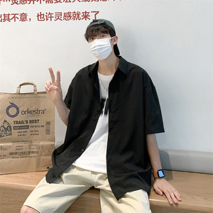 2025夏装黑色痞帅短袖燕尾衬衫男小众宽松冰丝衬衣 C303P30黑图片